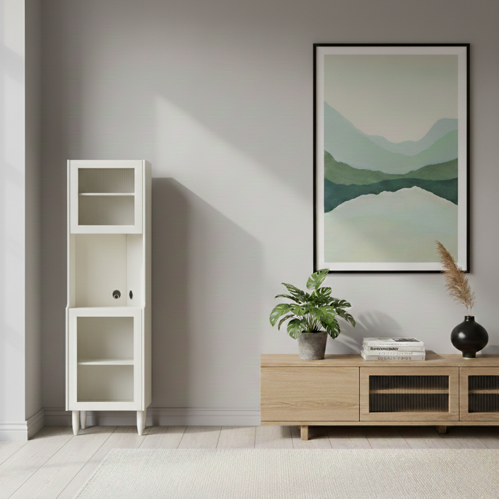 Contemporary Nordic Rubberwood Ripple Glass Rectangle Corner Storage Sideboard 5-Cabinet For Living Room & Dining Room