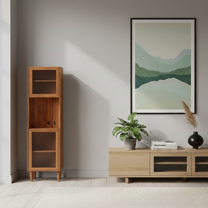 Contemporary Nordic Rubberwood Ripple Glass Rectangle Corner Storage Sideboard 5-Cabinet For Living Room & Dining Room