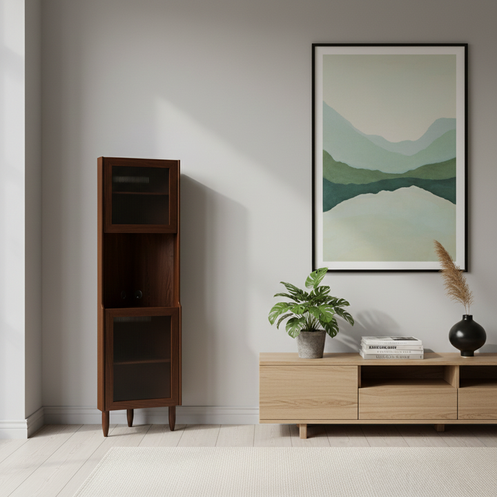 Contemporary Nordic Rubberwood Ripple Glass Rectangle Corner Storage Sideboard 5-Cabinet For Living Room & Dining Room