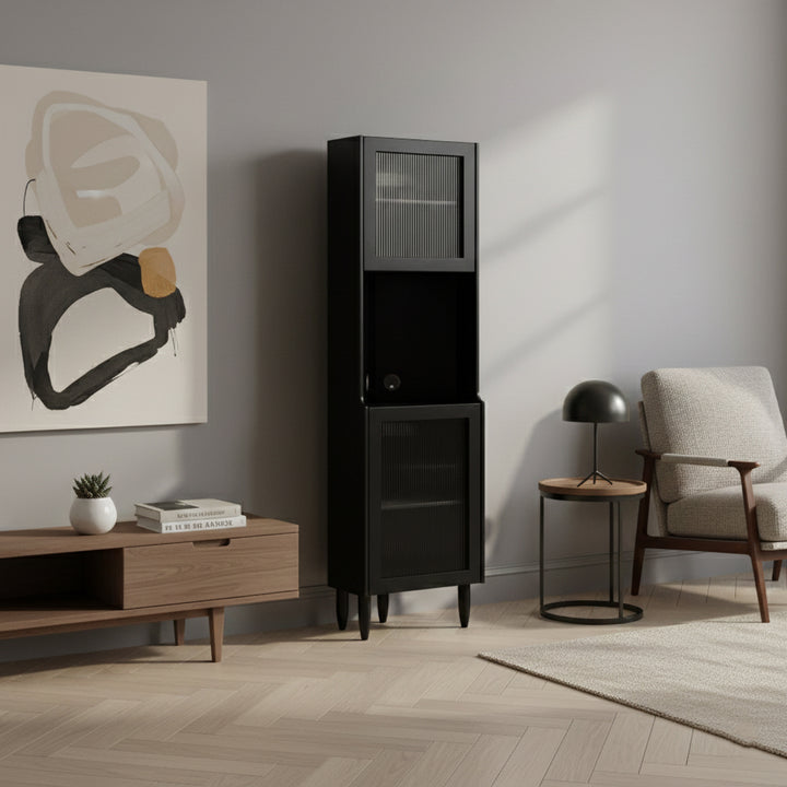 Contemporary Nordic Rubberwood Ripple Glass Rectangle Corner Storage Sideboard 5-Cabinet For Living Room &amp; Dining Room