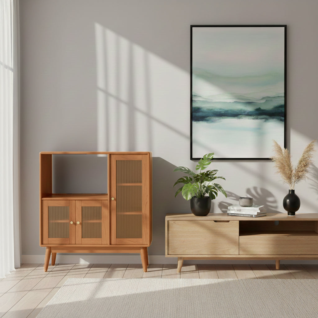 Traditional Japanese Rectangular Pine &amp; Multi-Layer Solid Wood Ripple Glass Sideboard 1/4-Cabinet For Living Room &amp; Dining Room