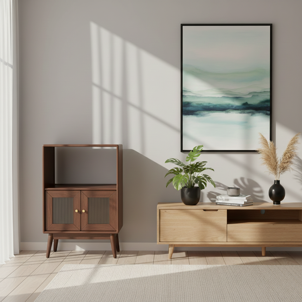Traditional Japanese Rectangular Pine &amp; Multi-Layer Solid Wood Ripple Glass Sideboard 1/4-Cabinet For Living Room &amp; Dining Room
