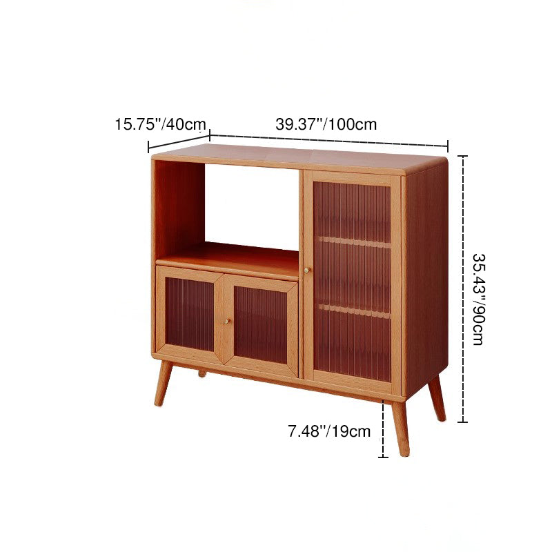 Traditional Japanese Rectangular Pine &amp; Multi-Layer Solid Wood Ripple Glass Sideboard 1/4-Cabinet For Living Room &amp; Dining Room