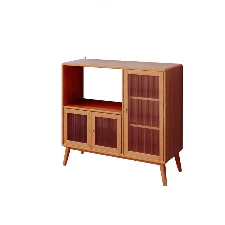 Traditional Japanese Rectangular Pine &amp; Multi-Layer Solid Wood Ripple Glass Sideboard 1/4-Cabinet For Living Room &amp; Dining Room