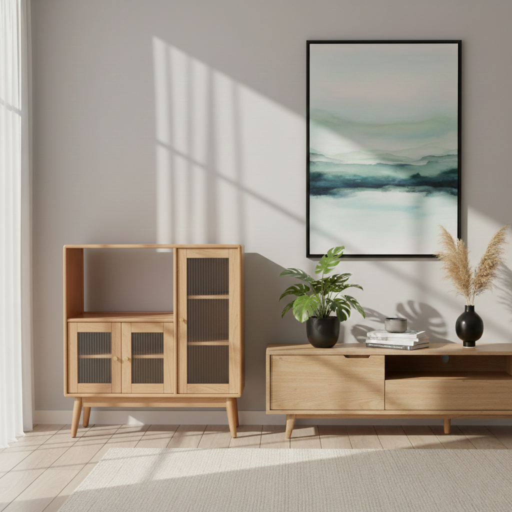 Traditional Japanese Rectangular Pine &amp; Multi-Layer Solid Wood Ripple Glass Sideboard 1/4-Cabinet For Living Room &amp; Dining Room