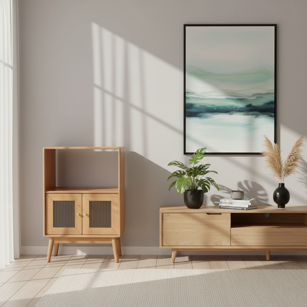 Traditional Japanese Rectangular Pine &amp; Multi-Layer Solid Wood Ripple Glass Sideboard 1/4-Cabinet For Living Room &amp; Dining Room