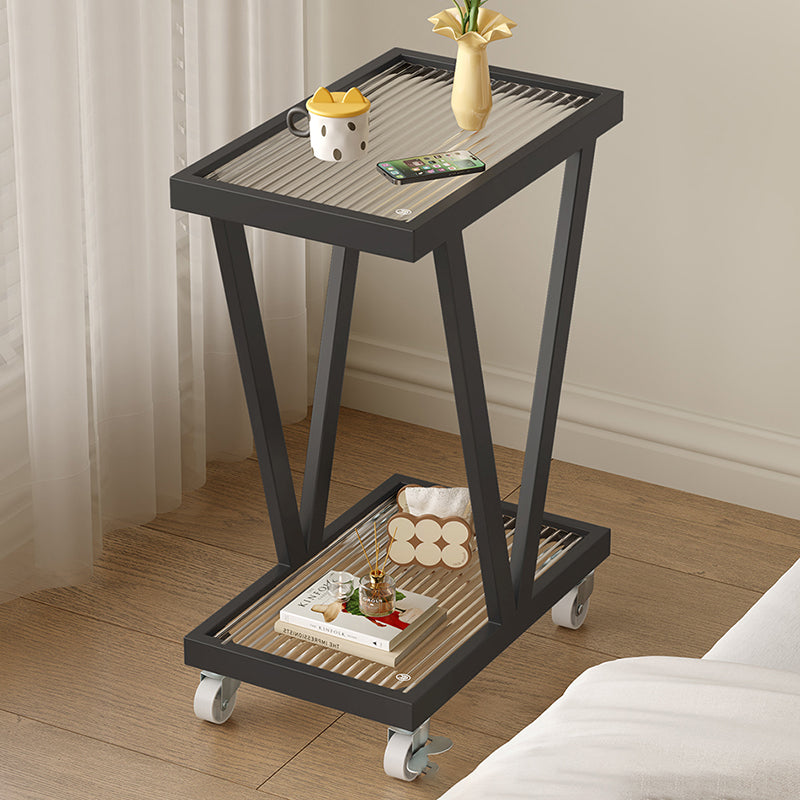 Contemporary Industrial Slim Rectangular Carbon Steel Glass Movable End Table 2-Tier For Living Room
