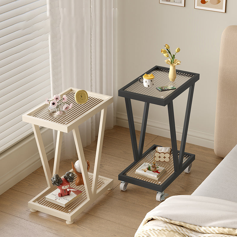 Contemporary Industrial Slim Rectangular Carbon Steel Glass Movable End Table 2-Tier For Living Room