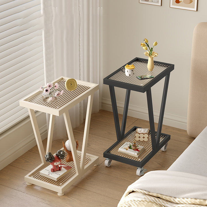 Contemporary Industrial Slim Rectangular Carbon Steel Glass Movable End Table 2-Tier For Living Room