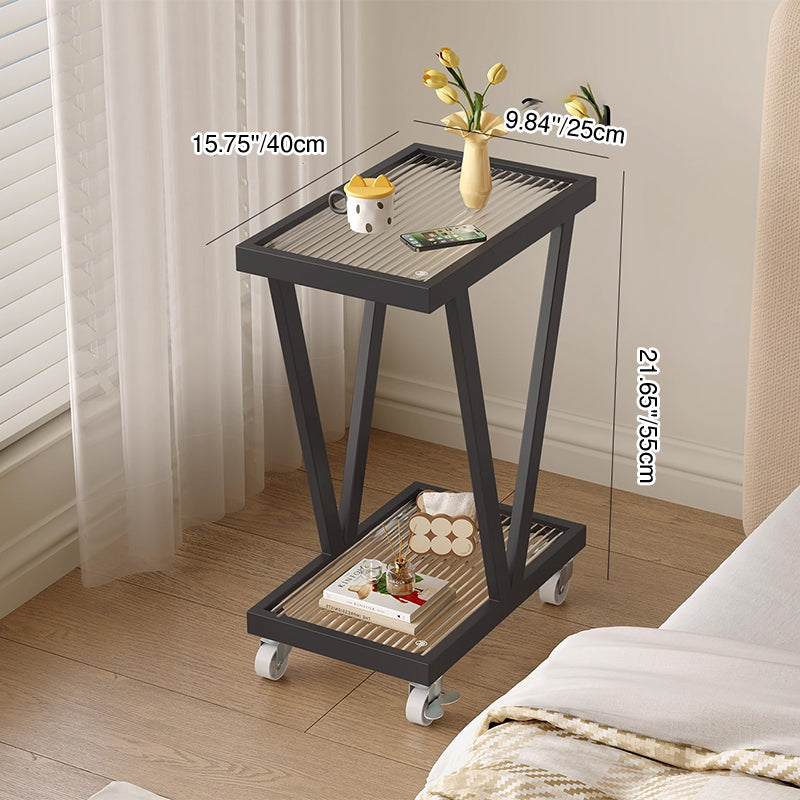Contemporary Industrial Slim Rectangular Carbon Steel Glass Movable End Table 2-Tier For Living Room