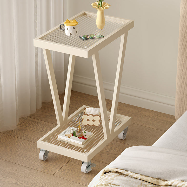 Contemporary Industrial Slim Rectangular Carbon Steel Glass Movable End Table 2-Tier For Living Room