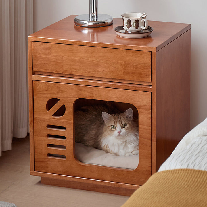 Table de chevet contemporaine créative rectangulaire en bois d'hévéa, contreplaqué et pin, lit pour chat, 1 tiroir, pour chambre à coucher 
