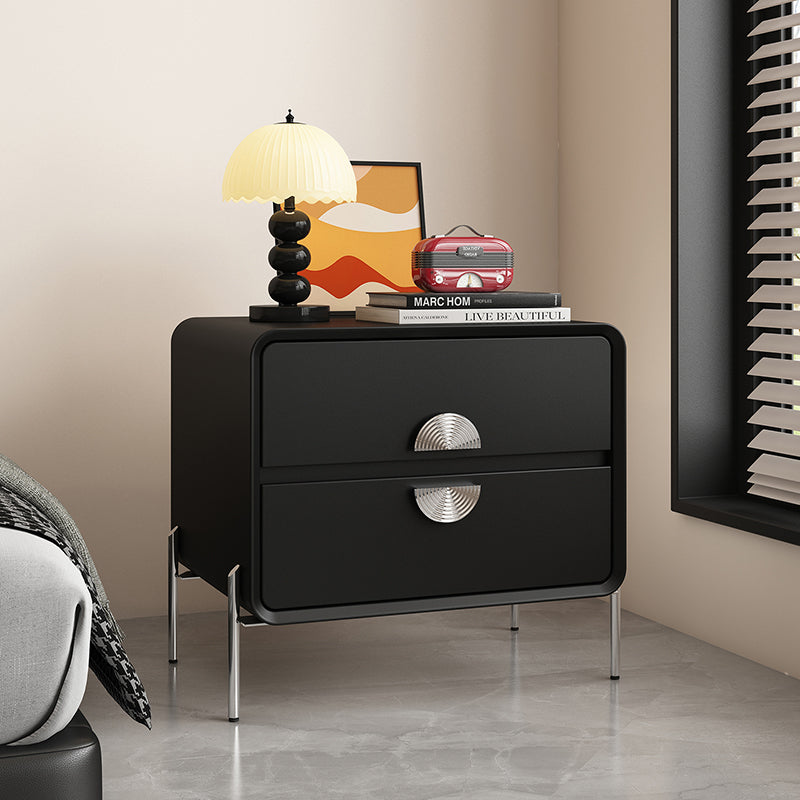 Contemporary Nordic Solid Wood Multi-Layer Board Stainless Steel Cat Scratching Leather Rectangular Nightstand 2-Drawer For Bedroom