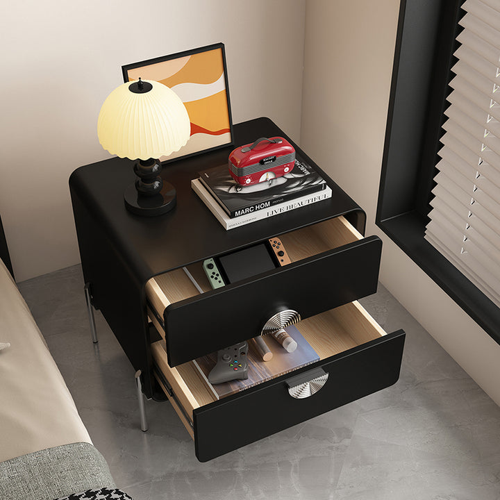 Contemporary Nordic Solid Wood Multi-Layer Board Stainless Steel Cat Scratching Leather Rectangular Nightstand 2-Drawer For Bedroom