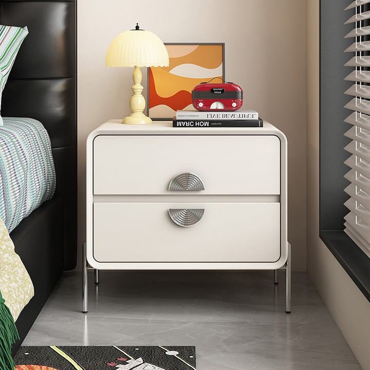 Contemporary Nordic Solid Wood Multi-Layer Board Stainless Steel Cat Scratching Leather Rectangular Nightstand 2-Drawer For Bedroom