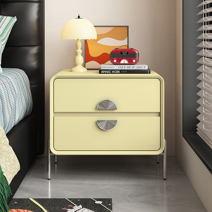 Contemporary Nordic Solid Wood Multi-Layer Board Stainless Steel Cat Scratching Leather Rectangular Nightstand 2-Drawer For Bedroom
