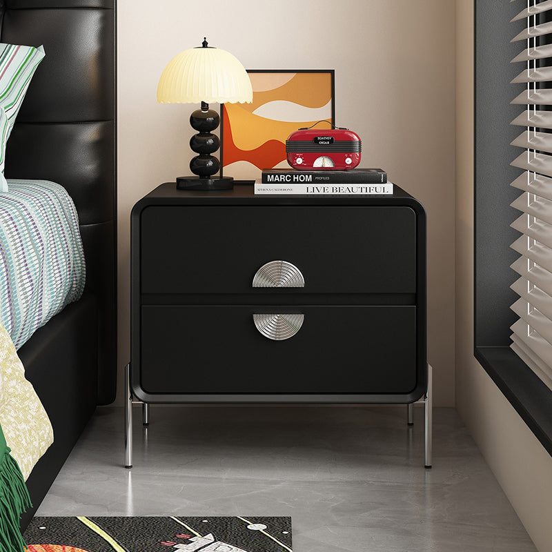 Contemporary Nordic Solid Wood Multi-Layer Board Stainless Steel Cat Scratching Leather Rectangular Nightstand 2-Drawer For Bedroom