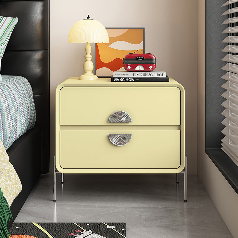 Contemporary Nordic Solid Wood Multi-Layer Board Stainless Steel Cat Scratching Leather Rectangular Nightstand 2-Drawer For Bedroom