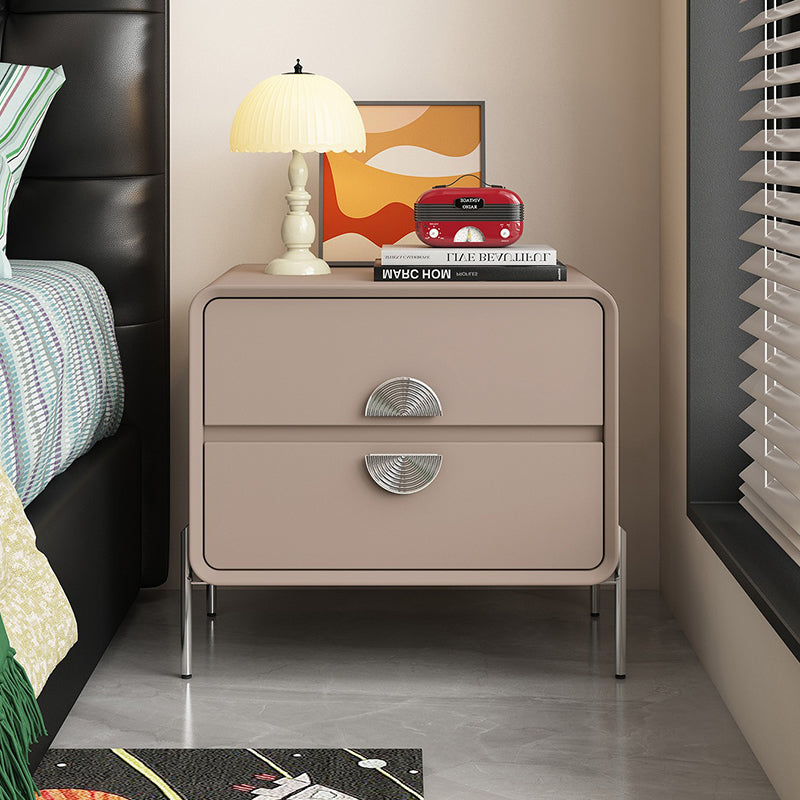 Contemporary Nordic Solid Wood Multi-Layer Board Stainless Steel Cat Scratching Leather Rectangular Nightstand 2-Drawer For Bedroom