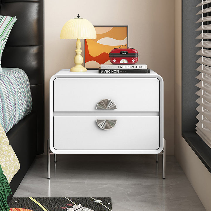 Contemporary Nordic Solid Wood Multi-Layer Board Stainless Steel Cat Scratching Leather Rectangular Nightstand 2-Drawer For Bedroom