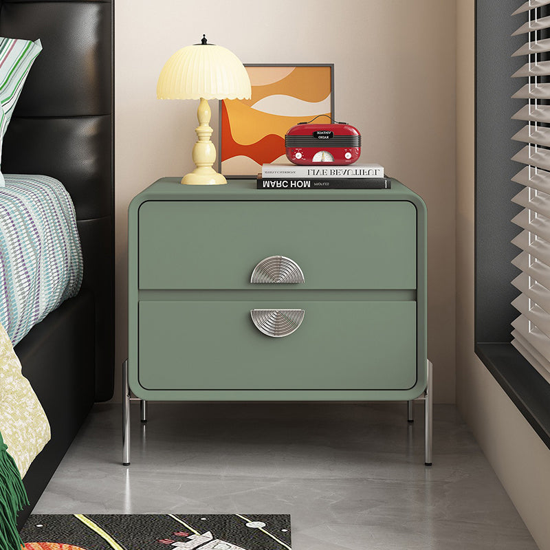 Contemporary Nordic Solid Wood Multi-Layer Board Stainless Steel Cat Scratching Leather Rectangular Nightstand 2-Drawer For Bedroom