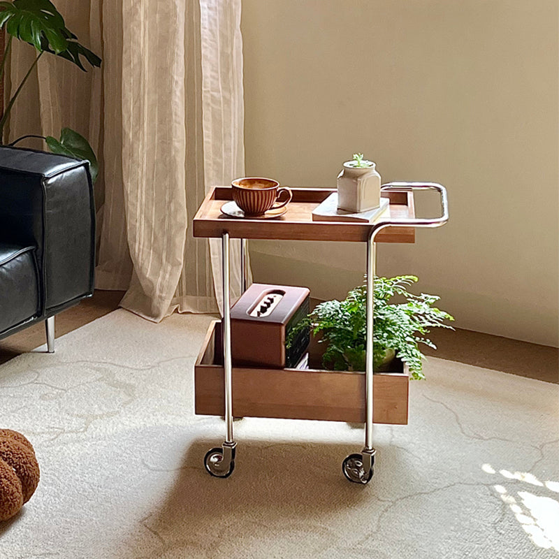 Traditional Vintage Movable Rectangular Rubberwood Stainless Steel Side Table 2-Tier For Living Room &amp; Bedroom