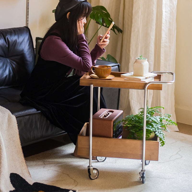 Traditional Vintage Movable Rectangular Rubberwood Stainless Steel Side Table 2-Tier For Living Room &amp; Bedroom