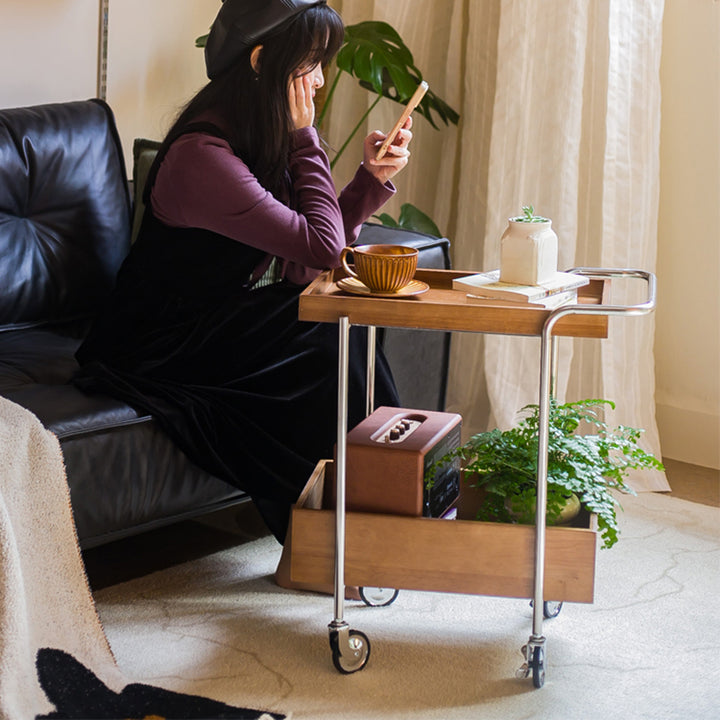Traditional Vintage Movable Rectangular Rubberwood Stainless Steel Side Table 2-Tier For Living Room &amp; Bedroom