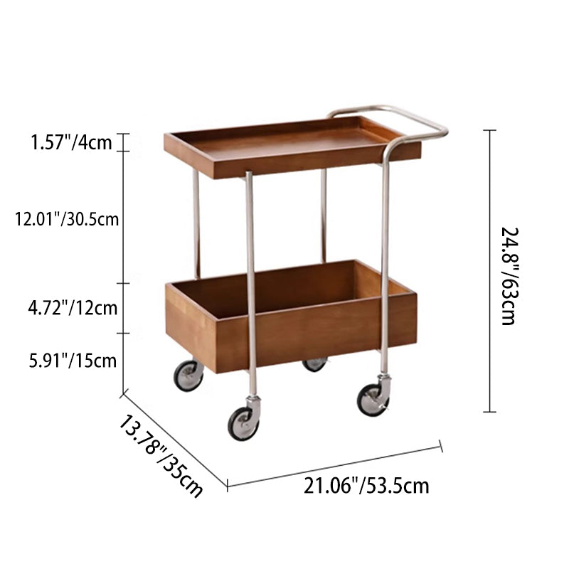 Traditional Vintage Movable Rectangular Rubberwood Stainless Steel Side Table 2-Tier For Living Room &amp; Bedroom