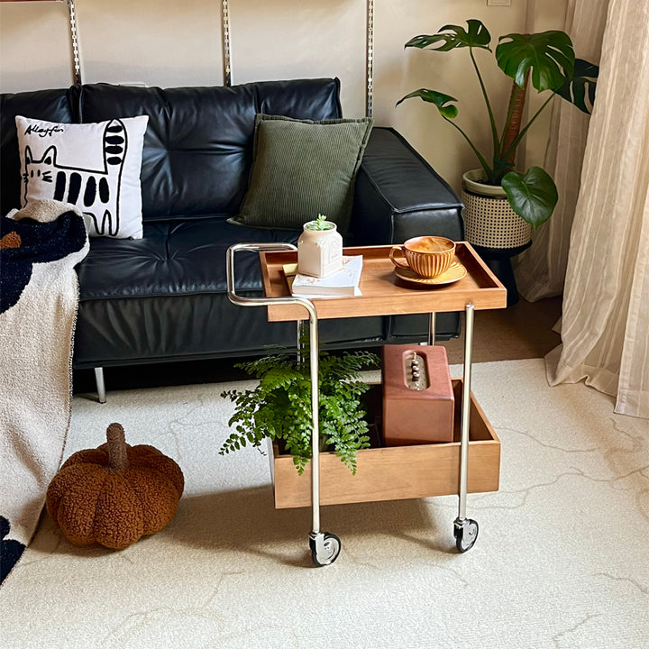 Traditional Vintage Movable Rectangular Rubberwood Stainless Steel Side Table 2-Tier For Living Room &amp; Bedroom