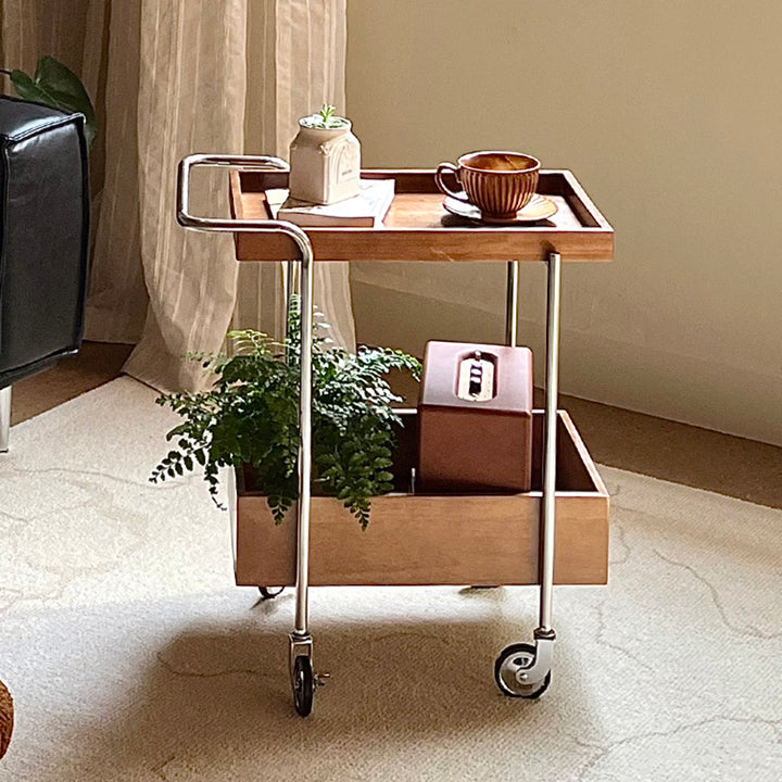 Traditional Vintage Movable Rectangular Rubberwood Stainless Steel Side Table 2-Tier For Living Room &amp; Bedroom