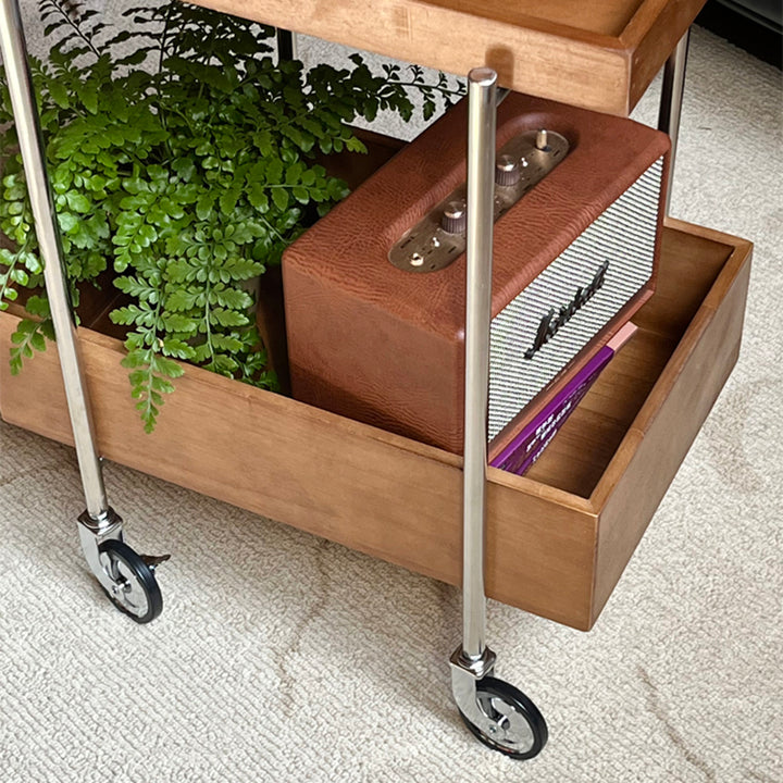 Traditional Vintage Movable Rectangular Rubberwood Stainless Steel Side Table 2-Tier For Living Room &amp; Bedroom