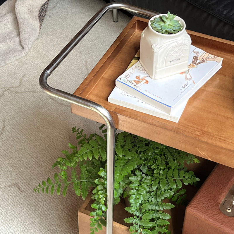 Traditional Vintage Movable Rectangular Rubberwood Stainless Steel Side Table 2-Tier For Living Room &amp; Bedroom