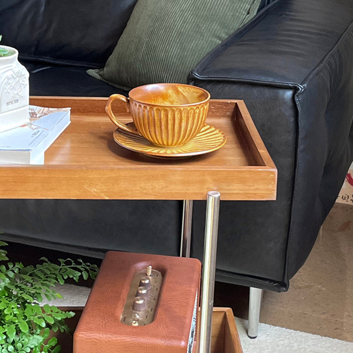 Traditional Vintage Movable Rectangular Rubberwood Stainless Steel Side Table 2-Tier For Living Room &amp; Bedroom