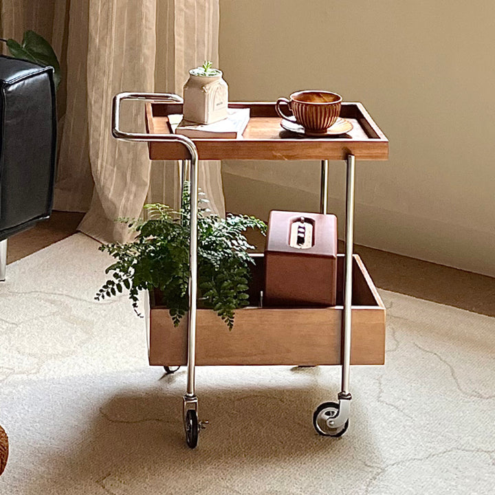 Traditioneller Vintage-Beweglicher Rechteckiger Gummibaum Edelstahl Beistelltisch 2-stufig Für Wohnzimmer & Schlafzimmer 