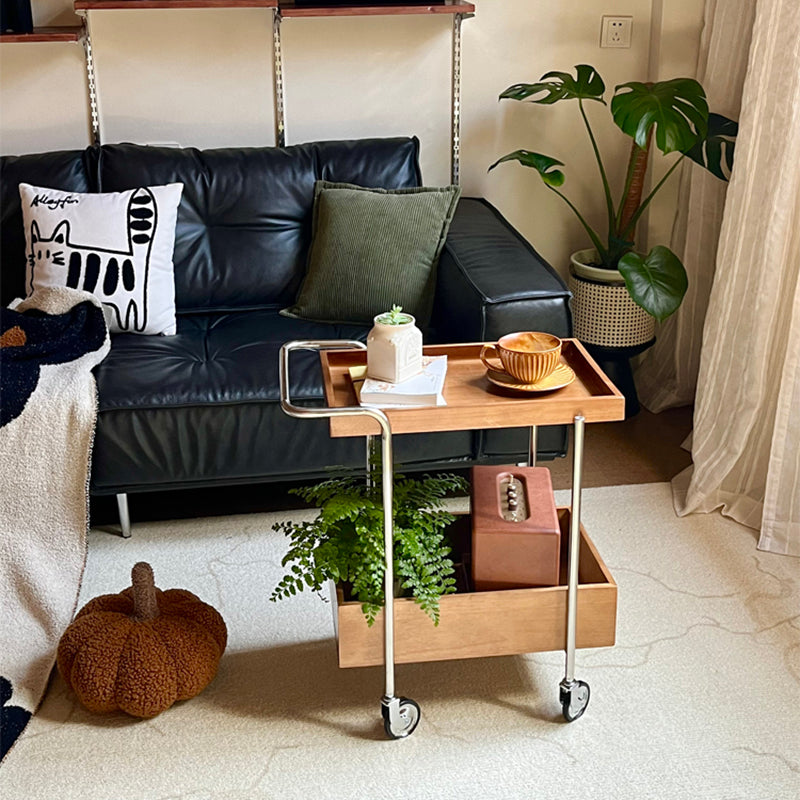 Traditional Vintage Movable Rectangular Rubberwood Stainless Steel Side Table 2-Tier For Living Room &amp; Bedroom