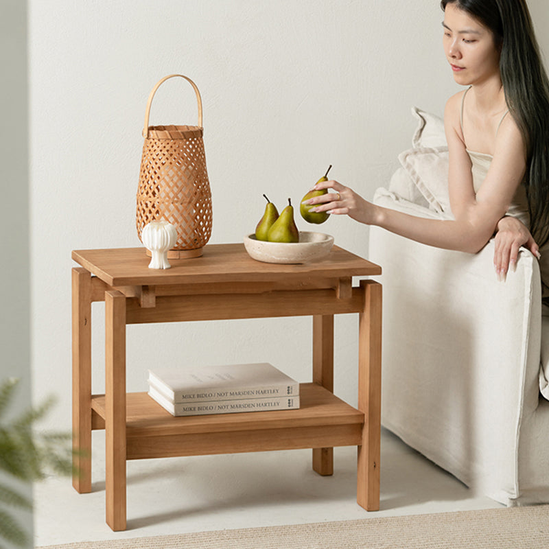 Mesa auxiliar rectangular de madera de pino rústica tradicional de 2 niveles para sala de estar 