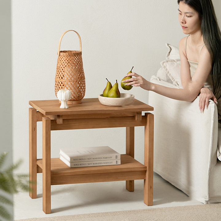 Mesa auxiliar rectangular de madera de pino rústica tradicional de 2 niveles para sala de estar 