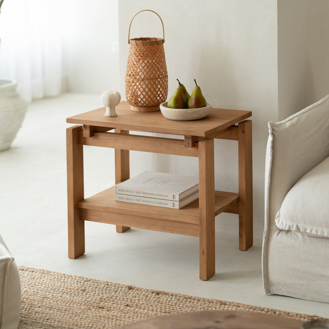 Mesa auxiliar rectangular de madera de pino rústica tradicional de 2 niveles para sala de estar 