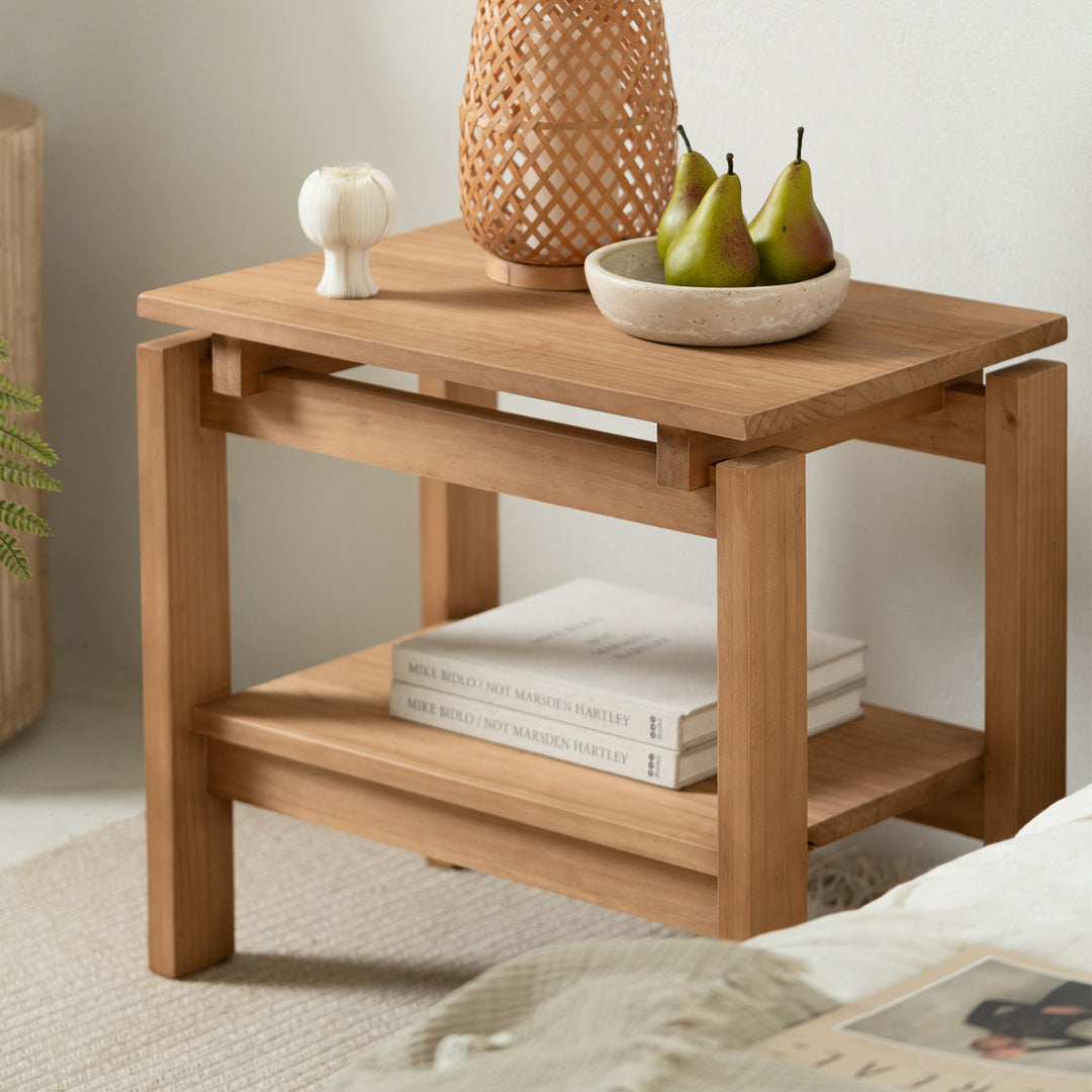 Mesa auxiliar rectangular de madera de pino rústica tradicional de 2 niveles para sala de estar 