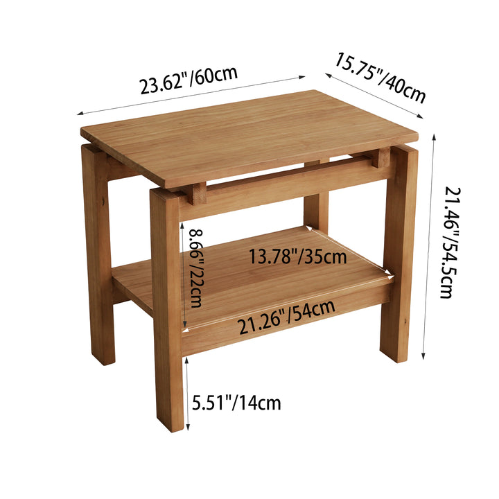 Mesa auxiliar rectangular de madera de pino rústica tradicional de 2 niveles para sala de estar 