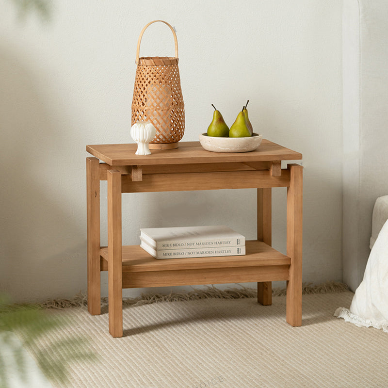 Mesa auxiliar rectangular de madera de pino rústica tradicional de 2 niveles para sala de estar 