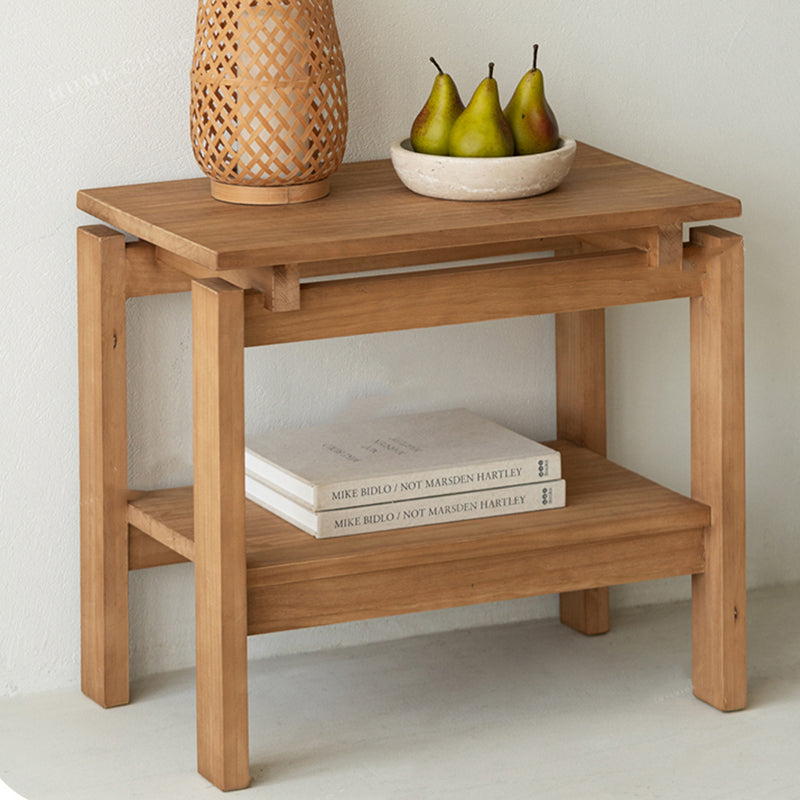 Mesa auxiliar rectangular de madera de pino rústica tradicional de 2 niveles para sala de estar 