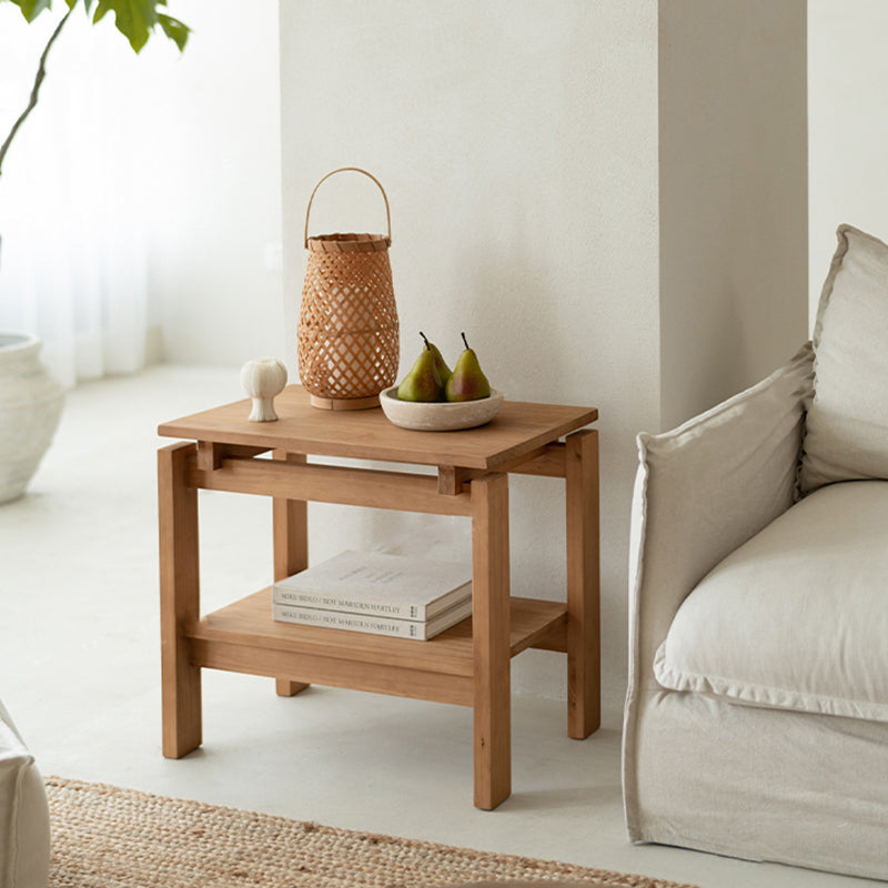 Mesa auxiliar rectangular de madera de pino rústica tradicional de 2 niveles para sala de estar 