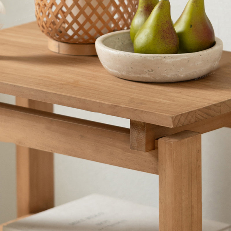 Mesa auxiliar rectangular de madera de pino rústica tradicional de 2 niveles para sala de estar 