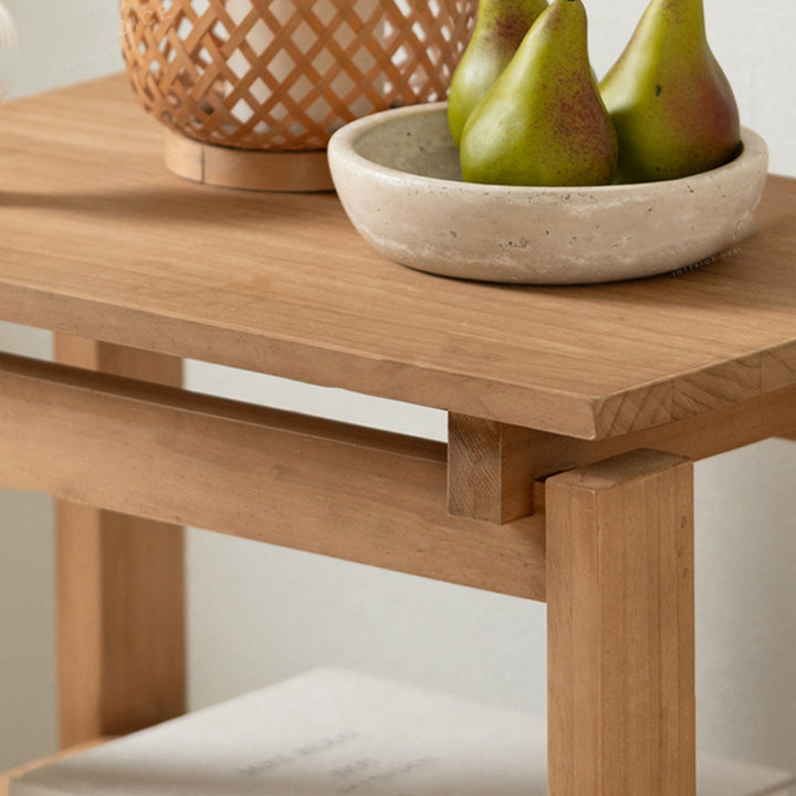 Mesa auxiliar rectangular de madera de pino rústica tradicional de 2 niveles para sala de estar 