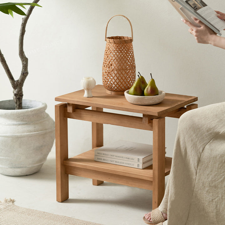 Mesa auxiliar rectangular de madera de pino rústica tradicional de 2 niveles para sala de estar 