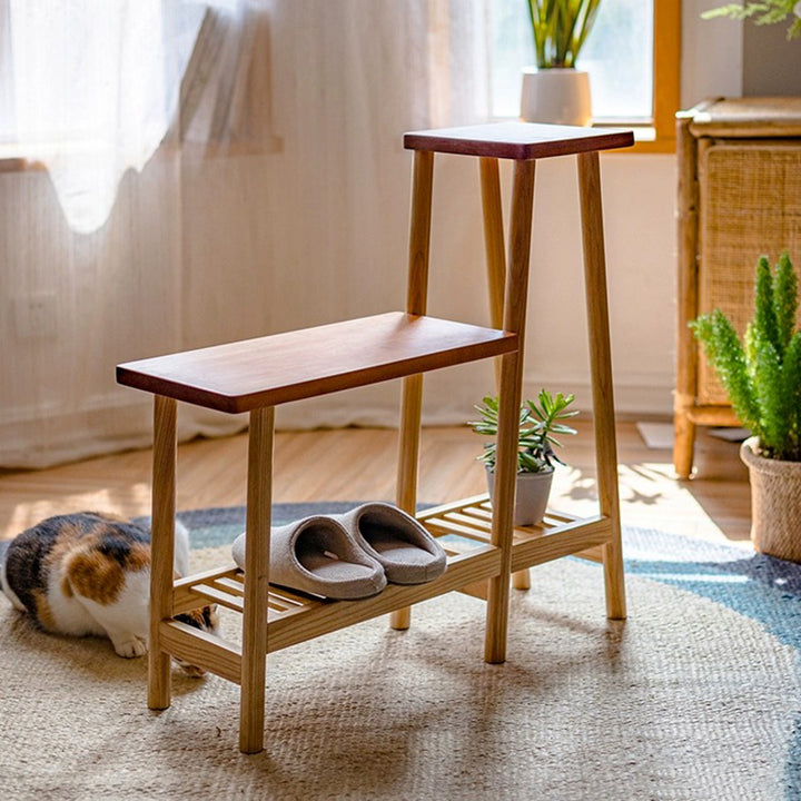 Étagère de rangement rectangulaire contemporaine à 3 niveaux en frêne massif et bois de cerisier pour patio extérieur 