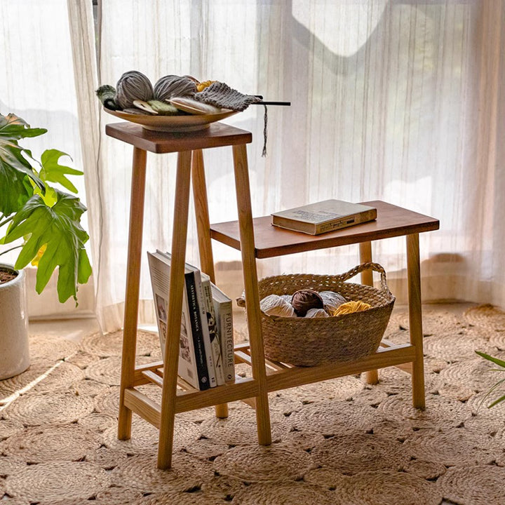Étagère de rangement rectangulaire contemporaine à 3 niveaux en frêne massif et bois de cerisier pour patio extérieur 