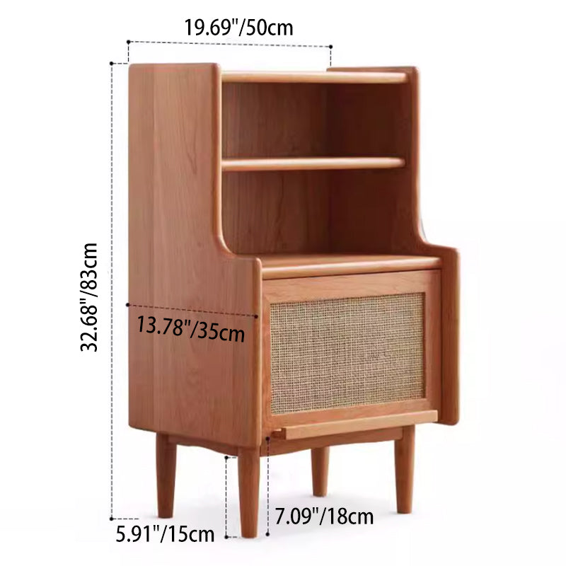 Mesita de noche rectangular de madera maciza rústica tradicional con tablero de múltiples capas y tejido de ratán con 2 cajones para dormitorio 